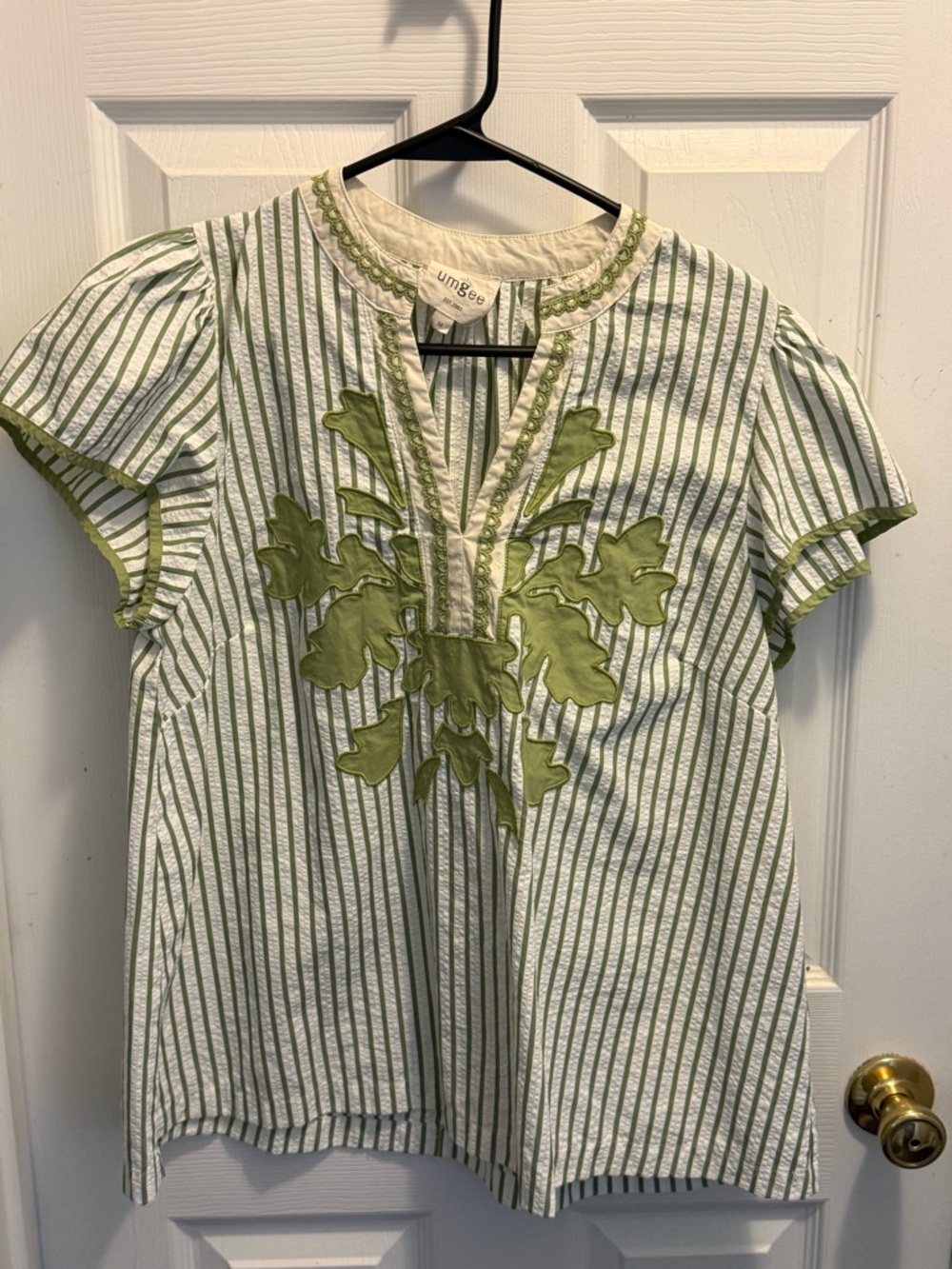 Umgee V-Neck Stripe Embroidered Top with Lace Trim - Picture 7 of 9